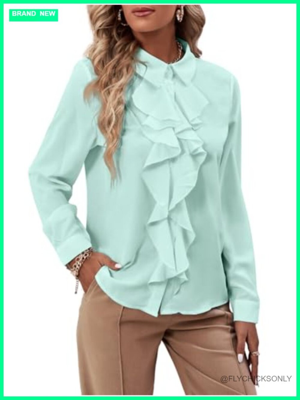 Ruffle Front Button Down Blouse Collared Long Sleeve Loose Fit Work Top